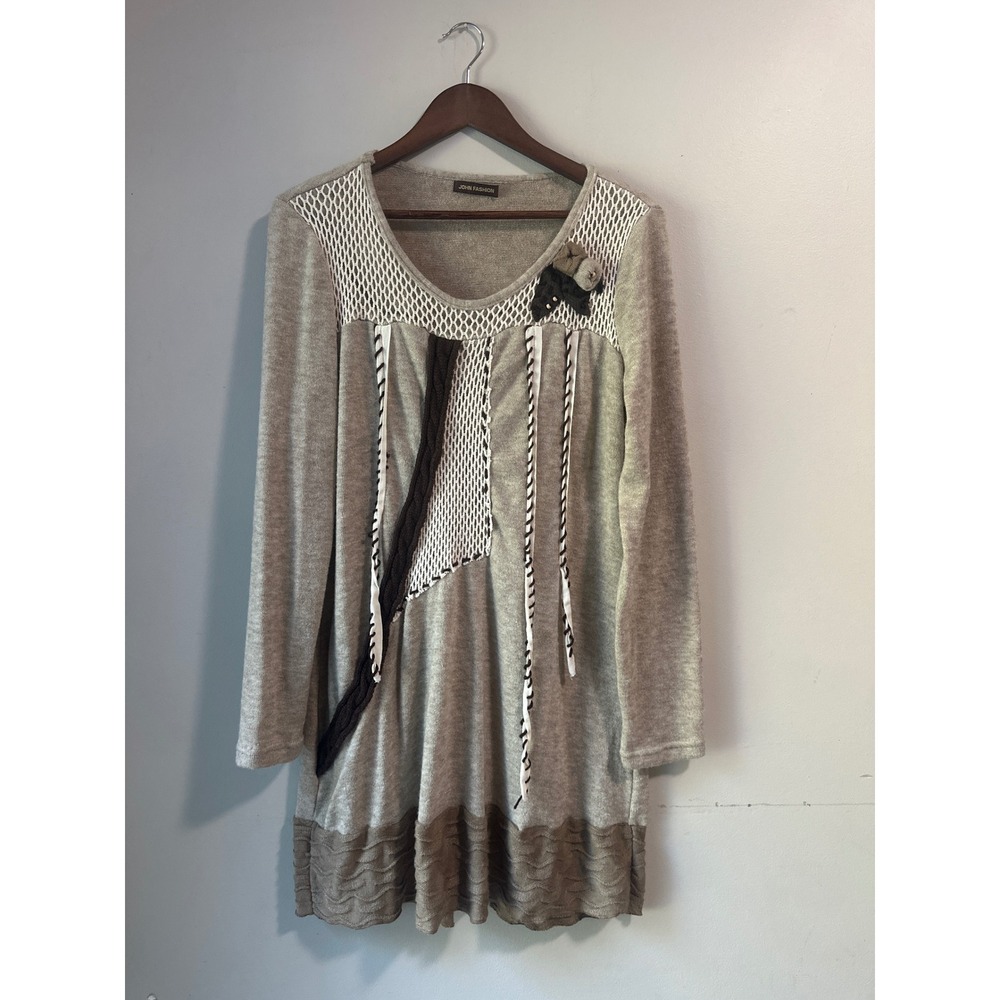 John Fashion Wool Blend Mixed Media Tunic Sweater Boho Dress Oatmeal Lagenlook
